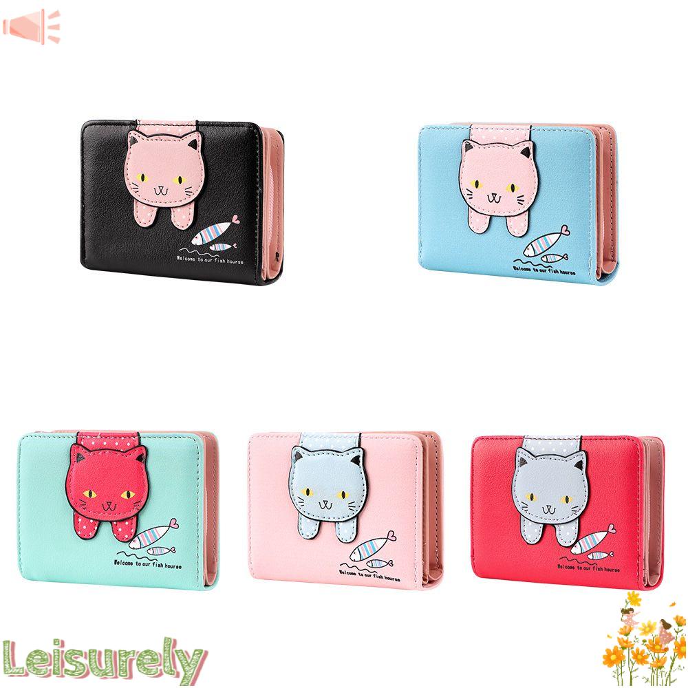 Ví Da PU Dáng Ngắn Chất Lượng Cao Có Nhiều Ngăn Đựng Thẻ Và Khóa Kéo In Họa Tiết Mèo / Cá Dễ Thương Cho Nữ