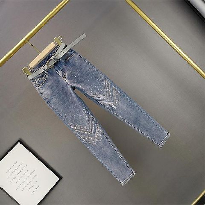 Quần Skinny Jean Lưng Cao Đính Đá