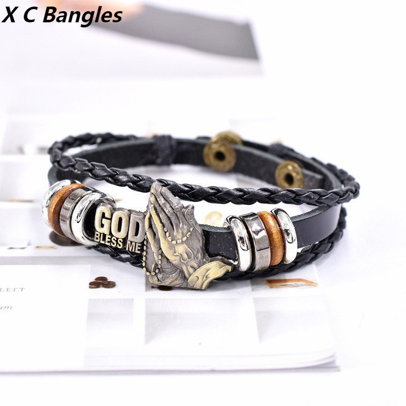 Vòng Tay Da Nhiều Lớp Xỏ Hạt Hợp Kim Kẽm Màu Đen Phong Cách Punk Hip Hop Cầu Nguyện Mới