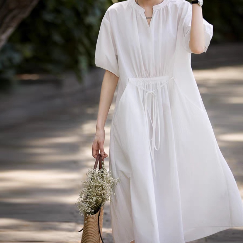Đầm Cotton Cổ Chữ V Nhấn Eo Nhỏ Gọn Nhẹ Đa Năng Thanh Lịch Có Thể Giặt Được