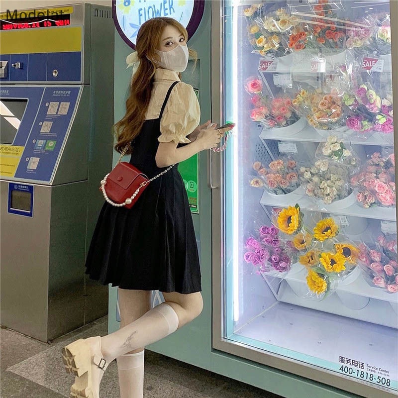 Mfc Đầm Mini Giả Hai Lớp Màu Đen Thời Trang Mùa Hè Phong Cách Lolita Hàn Quốc Cho Nữ