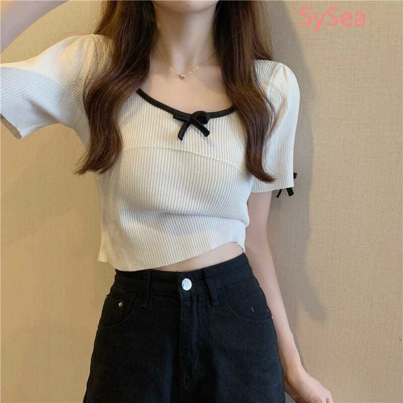 Áo Dệt Kim Ngắn Tay Phối Nơ Xinh Xắn Theo Phong Cách Hàn Quốc Dành Cho Nữ