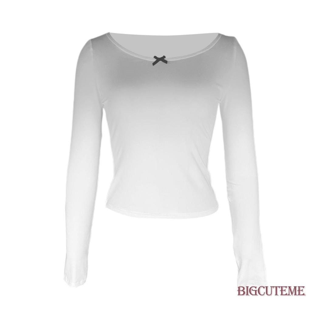 [] Áo Thun Tay Dài Cổ Xẻng Thắt Nơ Trước Dáng Ôm Màu Trắng / Đen Cơ Bản Dành Cho Bạn Nữ