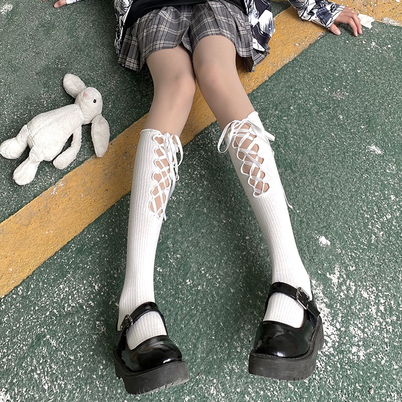 Women Black Stockings Children's Medium Length Stockings Jk Lolita Socks Silk Bandage Stockings Calf Stockings Girl Long Knee Socks