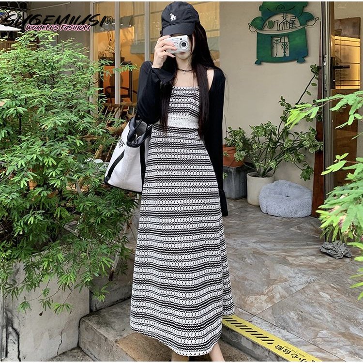 Sugemiusi Đầm Dệt Kim Ôm Eo Vừa Vặn Ghép Mảnh Ghép Nối Dài Phong Cách Retro Mùa Hè Mới