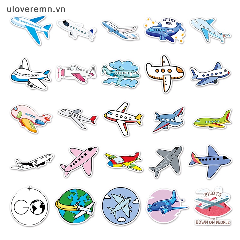 Bộ 50 Miếng Dán Trang Trí Chống Thấm Nước Hình Máy Bay Graffiti Dễ Thương