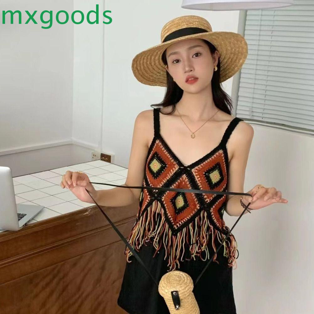 Mxgoods Áo Cardigan Ngắn Sát Nách Vải Cotton Họa Tiết Kẻ Sọc Phối Tua Rua Thời Trang Đi Biển Cho Nữ