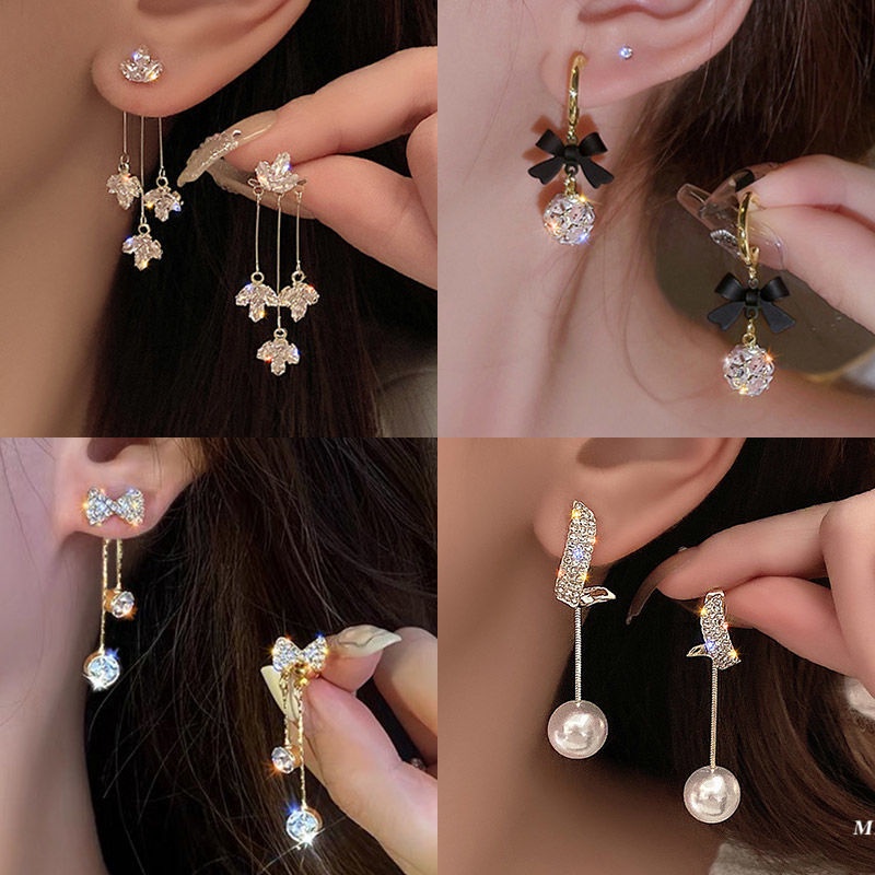 Đôi Khuyên Tai Tua Rua Hình Hoa Đính Đá Pha Lê Phong Cách Mới Dành Cho Nữ