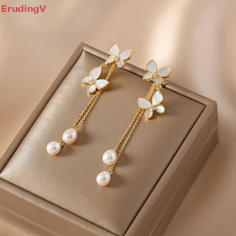 1 Đôi Bông Tai Dáng Dài Hình Bướm Đính Ngọc Trai Lãng Mạn Thời Trang Cho Nữ