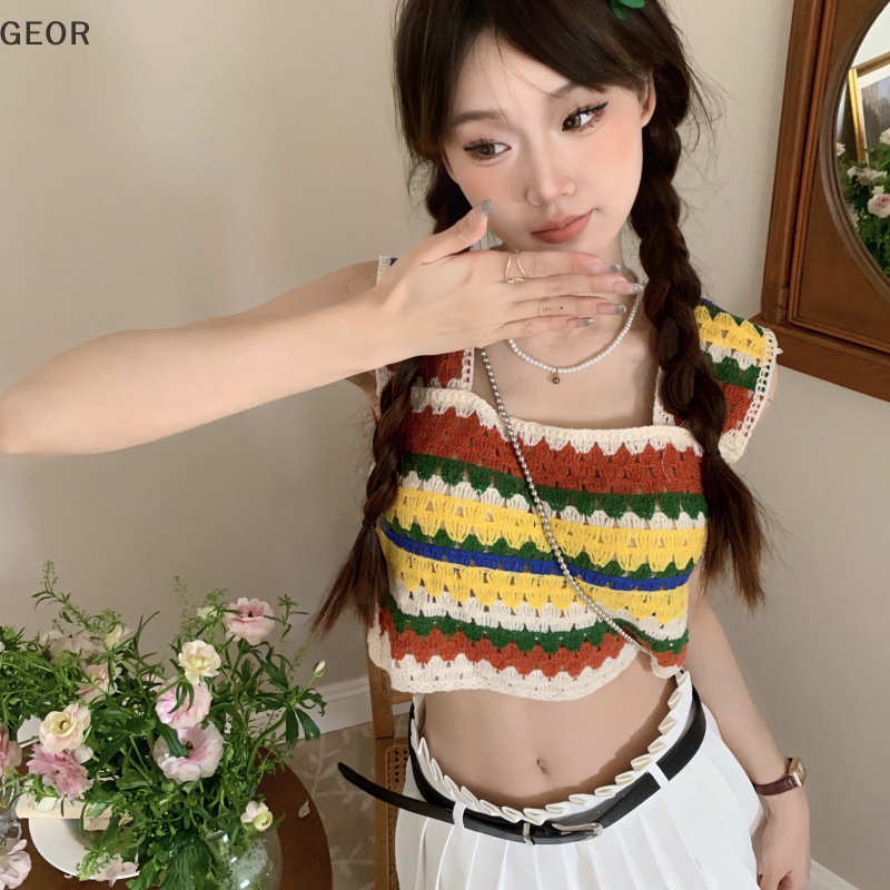 Geor Áo Dệt Kim Không Tay Thêu Họa Tiết Kẻ Sọc Rỗng vintage Mùa Hè Cho Nữ vn