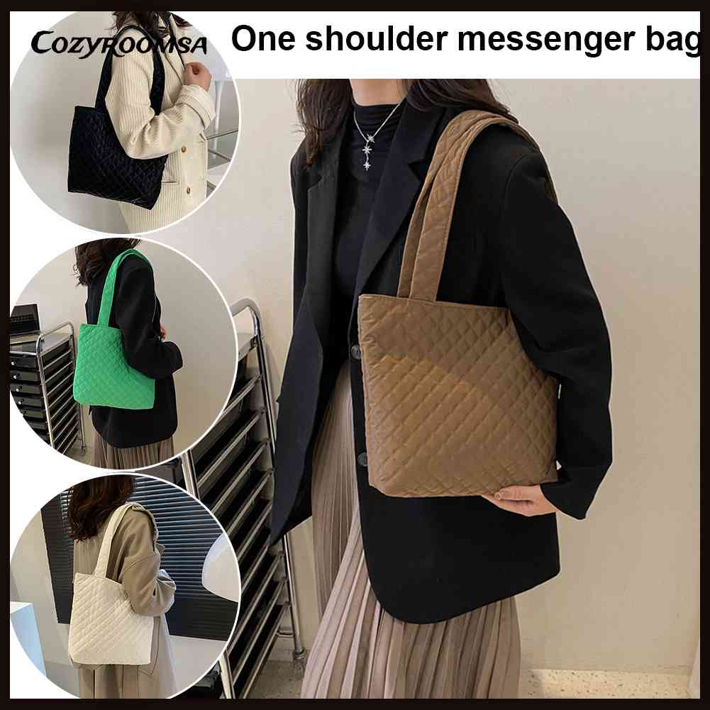 Túi Xách Đeo Vai Có Đệm Cotton Họa Tiết Lưới Hình Thoi Sức Chứa Lớn Cho Nữ