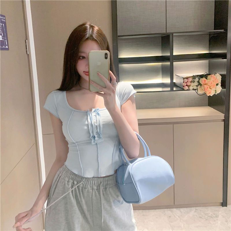 IELGY Áo Thun Nữ Ngắn Tay Lệch Tà Thời Trang