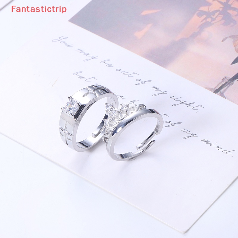 [Fantastictrip] Set 2 Nhẫn Đính Hôn / Nhẫn Đính Đá Pha Lê Hình Vương Miện Có Thể Điều Chỉnh Kích Thước Làm Quà Tặng Ngày