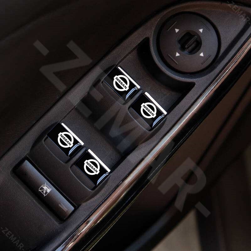 Bộ 10 Huy Hiệu 3D Trang Trí Công Tắc Cửa Sổ Xe Hơi Nissan March Juke Skyline Terra Livina Note Xtrail Magnite Kicks Navara Serena Leaf