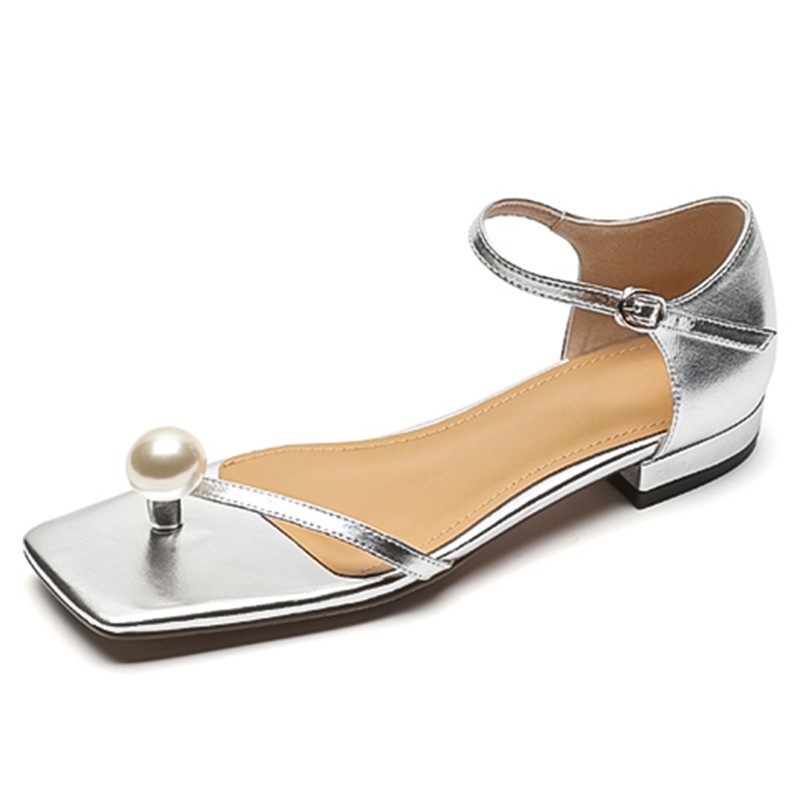 Duoya Tóc Thẳng ~ [Hàng Có Sẵn] Giày Sandal Xỏ Ngón Đế Thấp Bằng Da Thật Mềm Mại Đính Ngọc Trai Thời Trang Mùa Hè Cho Nữ