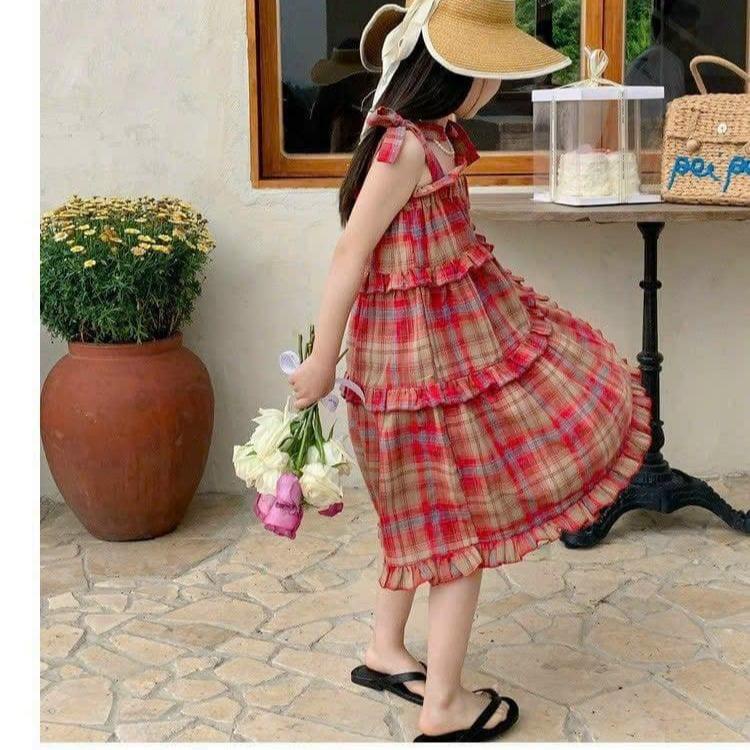 Váy hai dây màu sọc caro xinh cho bé gái 6-24kg