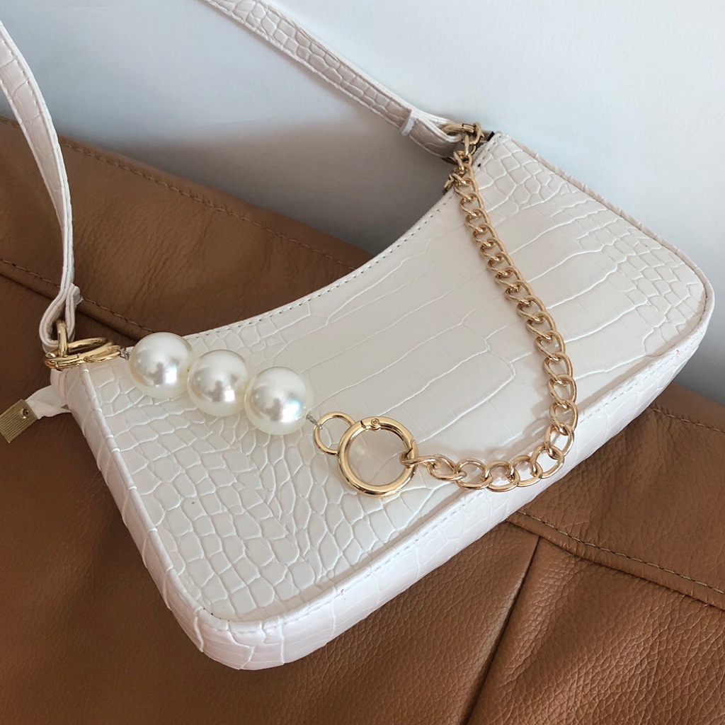 Túi Xách Vân Da Cá Sấu Phối Dây Xích Đính Ngọc Trai Phong Cách Retro Cao Cấp