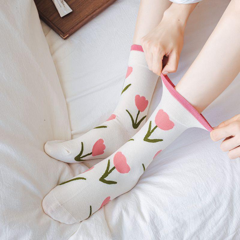 Vớ Cotton Cổ Cao Thoáng Khí In Họa Tiết Hoa Tươi Mới Thoáng Khí Thời Trang Cho Nữ