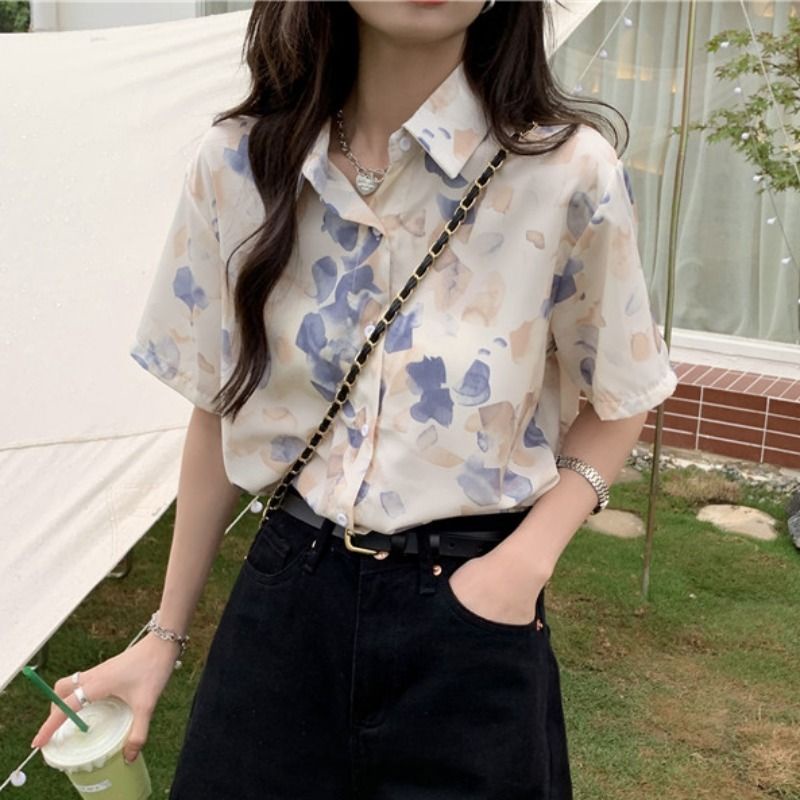 COZOK Áo Sơ Mi Tay Ngắn Dáng Rộng In Họa Tiết vintage Thời Trang Hàn Quốc