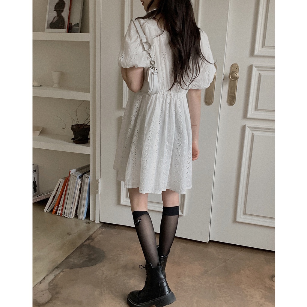 SUXI Đầm Dáng Chữ A Tay Ngắn Cổ Vuông Phối Ren Lỗ Thêu Họa Tiết Phong Cách Hàn Quốc Thời Trang Dự Tiệc Sang Trọng