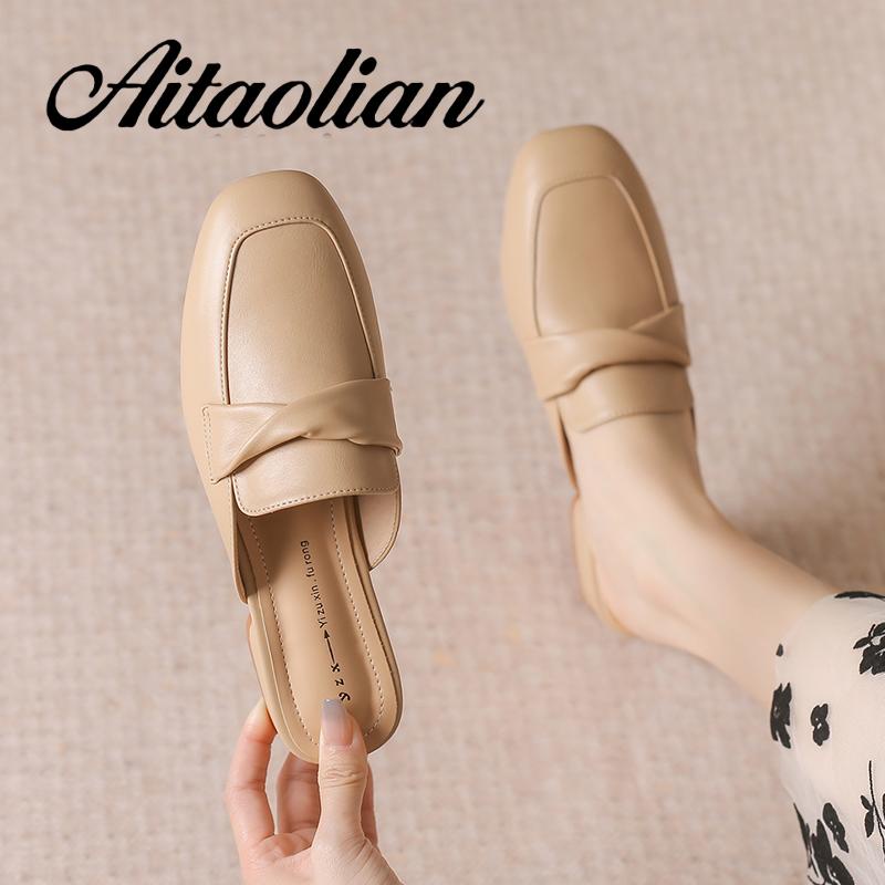 Dép Da Mềm Cao Gót 4cm Mũi Tròn Thời Trang Cho Nữ