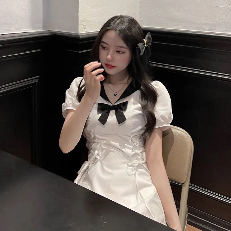 Đầm Tay Phồng Thắt Nơ Nhấn Eo Thời Trang Hè Phong Cách Nhật Bản Xinh Xắn Cho Nữ