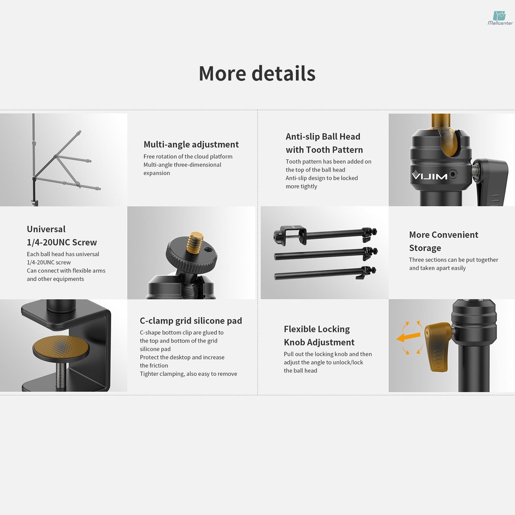 VIJIM LS08 Professional Desktop Live Streaming Stand 3-Section Flexible Extendable Arms Aluminum Alloy 1/4 Inch Screw 360° Rotatable Ballhead 1KG Load Capacity with C-Clamp 3/8 Inch &amp; 5/8 Inch Screw A