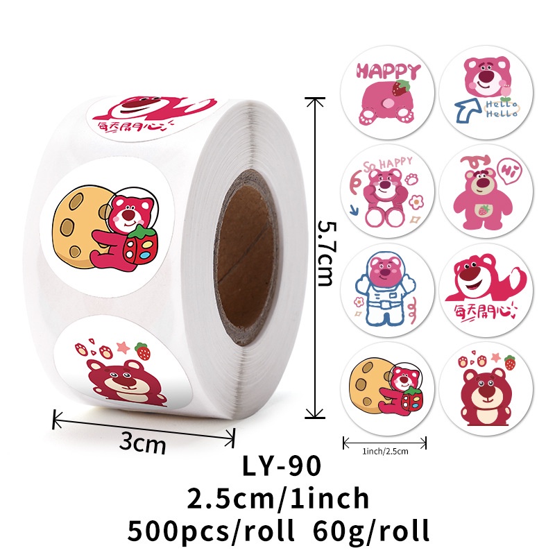 Sanrio Cuộn 500 Miếng Dán Tròn Họa Tiết Gấu Dâu Tây Dễ Thương