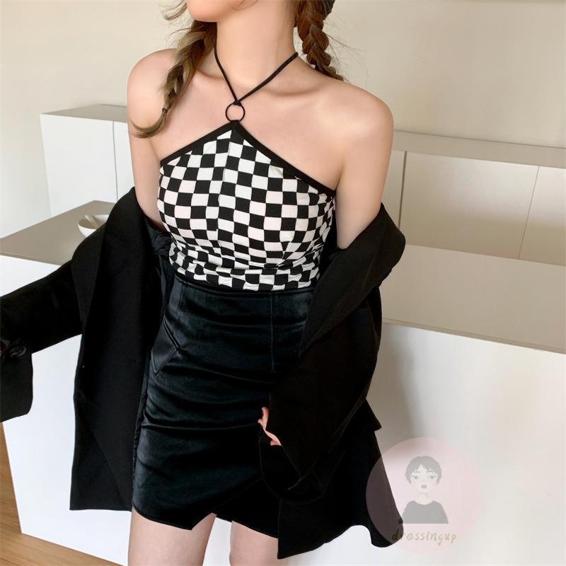 Áo Tank Top Hở Rốn In Họa Tiết Bàn Cờ Kim Loại Cá Tính Cho Nữ