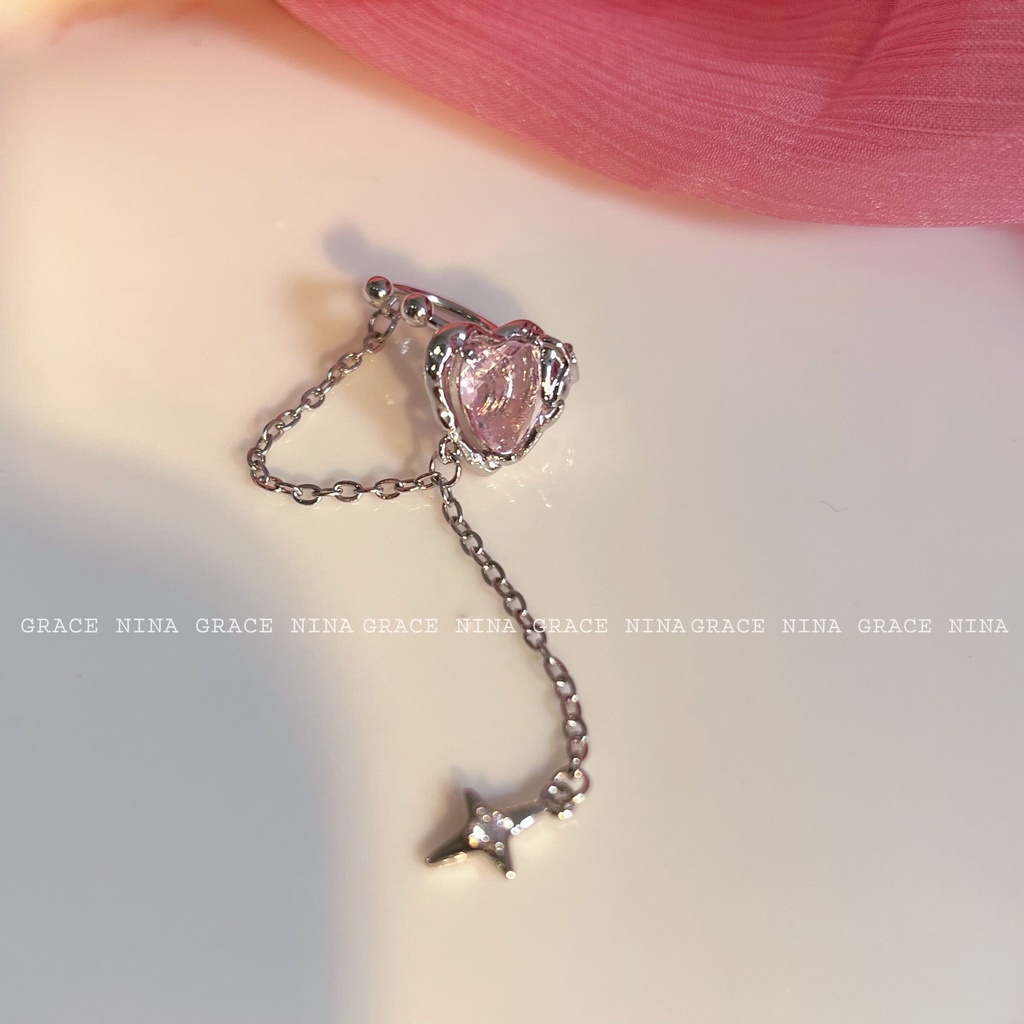 Bông Tai Dạng Kẹp Hình Trái Tim Phối Tua Rua Sang Trọng Cho Nữ