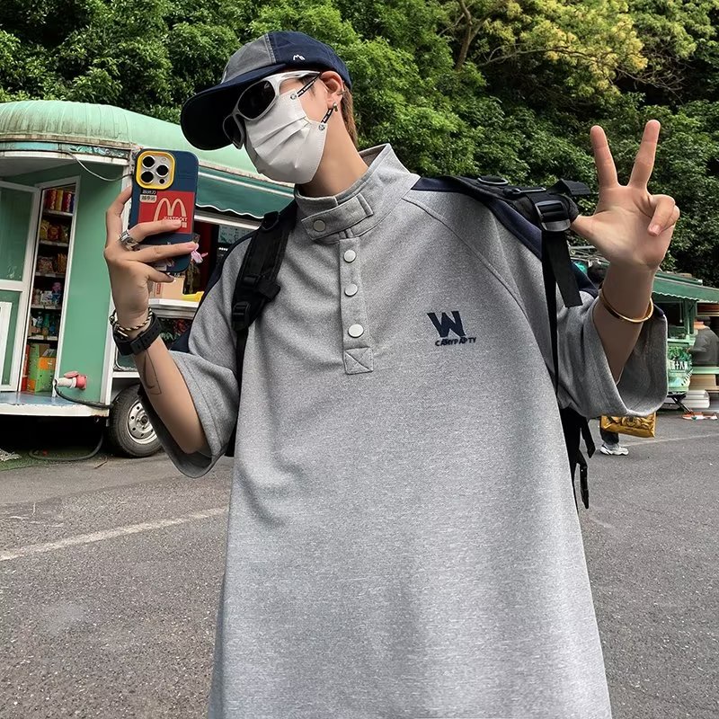 Áo Thun Polo Tay Ngắn Cổ Đứng Màu Tương Phản Phong Cách Retro Mỹ Cho Nam