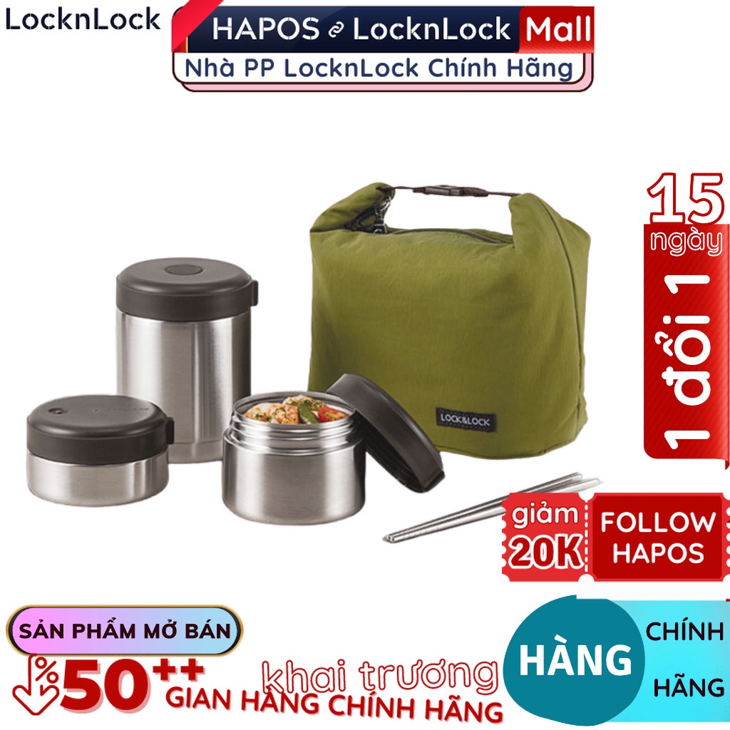 Bộ hộp cơm giữ nhiệt LocknLock thép không gỉ LHC8015/ LHC8025SLV kèm đũa và túi giữ nhiệt - CheapMall OFF