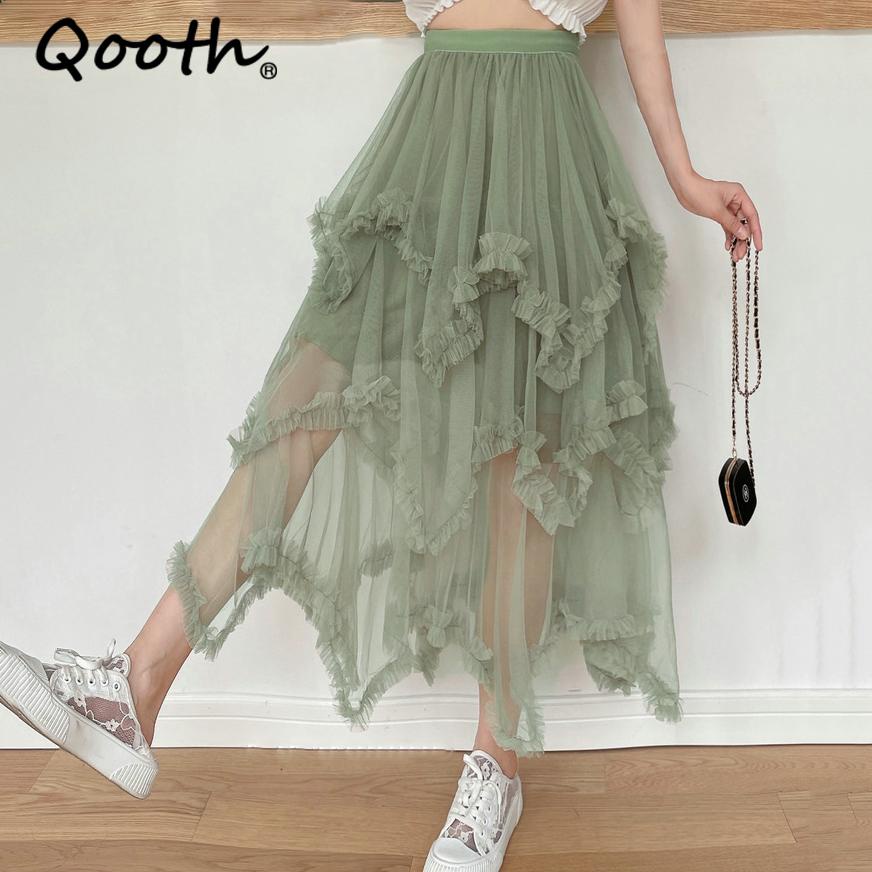 Qooth Nữ 10 Màu Bất Đối Xứng Voan Bầu Váy Cao Cấp Thanh Lịch Cổ Lưới Váy Chữ A Cho Xuân Hè QT2126