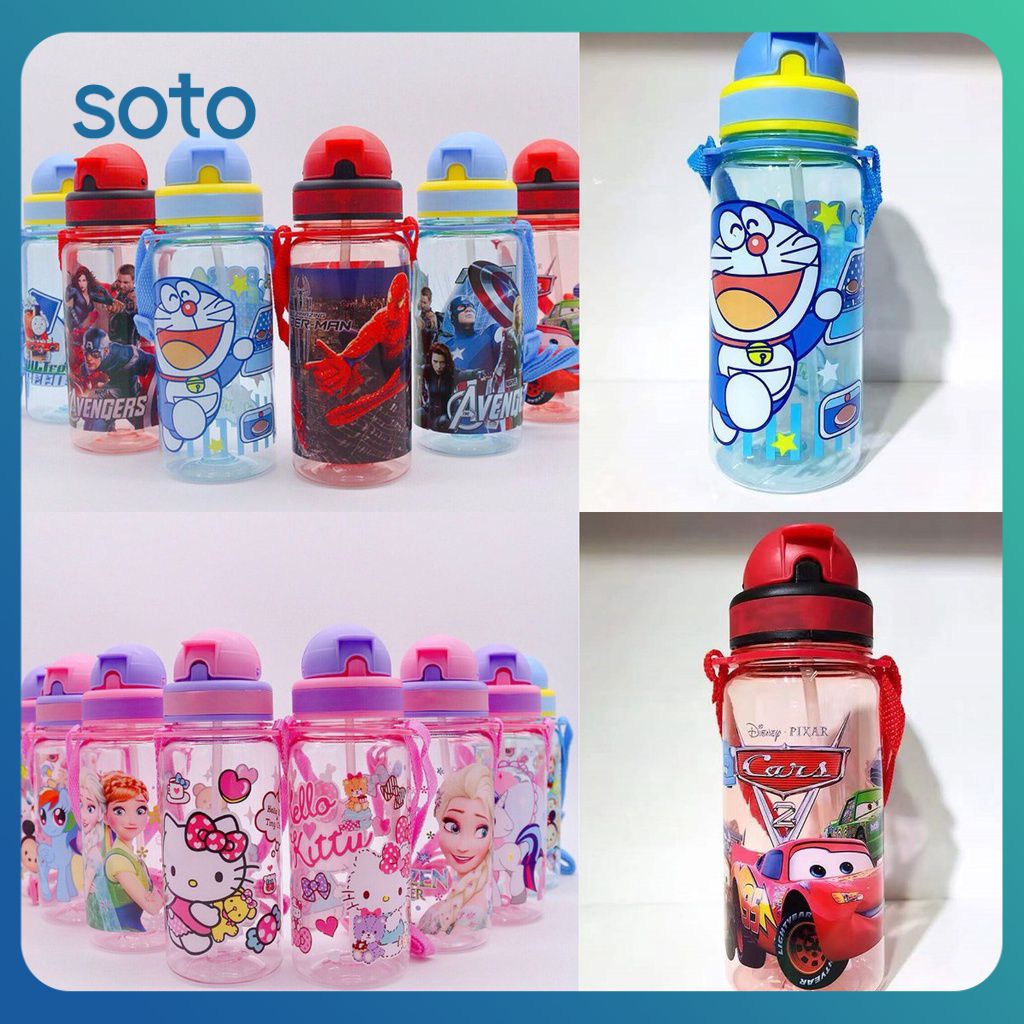 ♫500ml Disney Rơm Ấm đun Nước Cup Hello Kitty Spiderman Công Chúa Cốc Nhựa Cho Trẻ Em Món Quà Ấm đun Nước Thẳng Dây Uống Nút