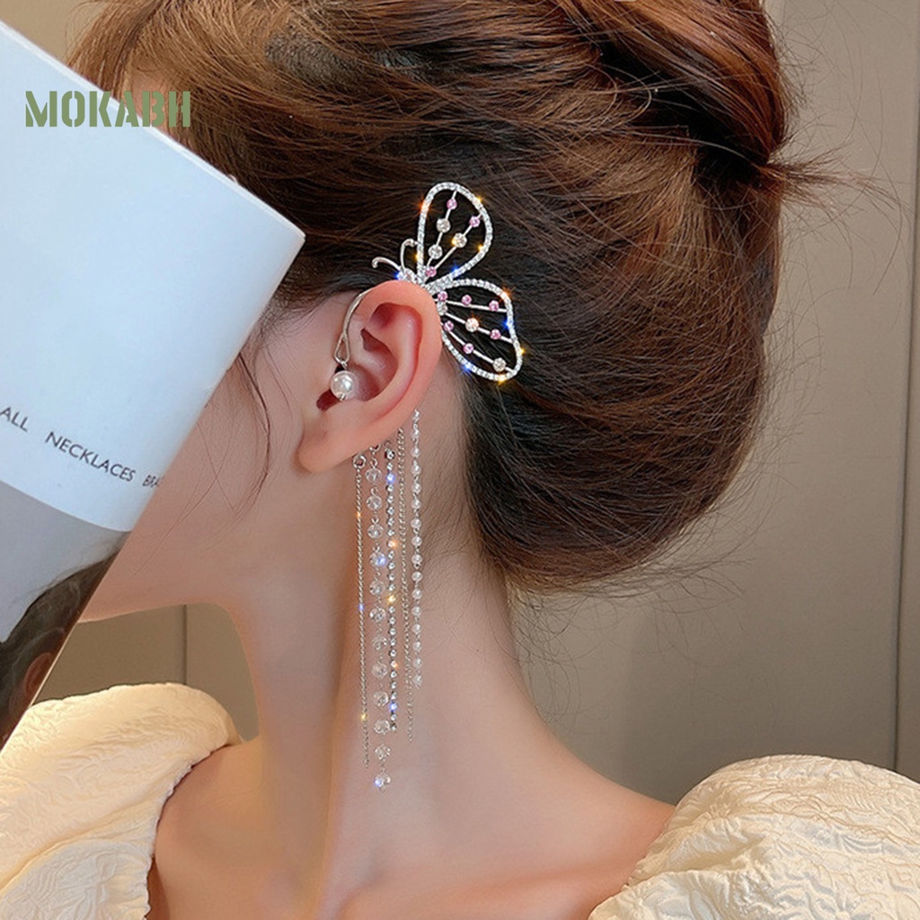 [Mới] 1 Bông Tai Dài Hình Bướm Đính Ngọc Trai Giả Trang Trí Không Cần Khoan Lỗ Thanh Lịch Dành Cho Nữ