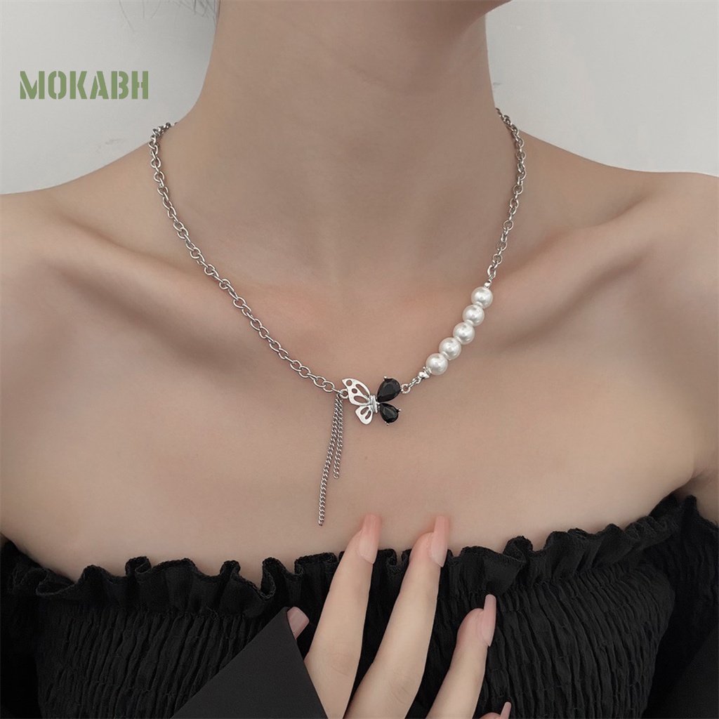 [Mới] Vòng cổ Mạ Điện Mặt Hình Bướm Đính Ngọc Trai Nhân Tạo Không Đối Xứng Quyến Rũ Cho Nữ