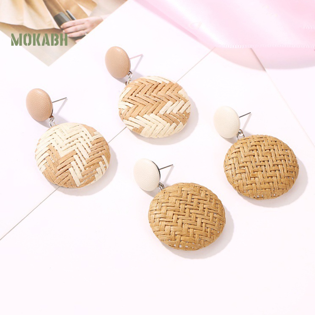 Bông Tai Tròn Bằng Rơm Dệt Phối Nút Phong Cách Boho Thời Trang Cho Nữ