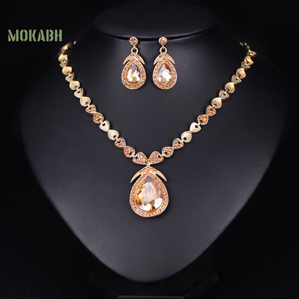 1 Bộ Vòng cổ + Bông Tai Đính Kim Cương Giả Hình Giọt Nước Lấp Lánh Sang Trọng