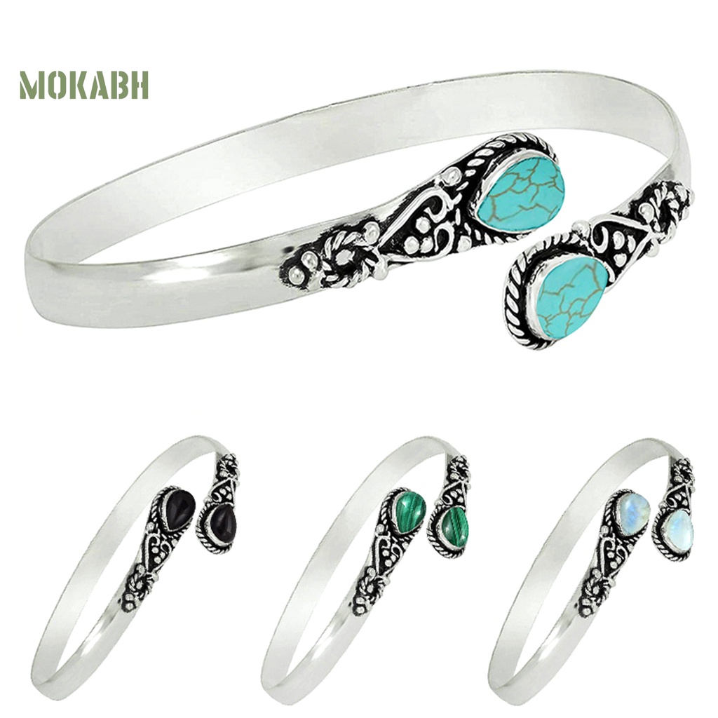 [Mới] Vòng Đeo Tay Dạng Hở Đính Đá Ngọc Lam Giả Hình Giọt Nước Thủ Công Có Thể Điều Chỉnh Trang Sức Cá Tính