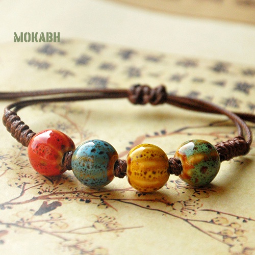 Vòng Đeo Tay Dây Bện Phối Hạt Gốm Tự Nhiên Phong Cách Bohemia Độc Đáo