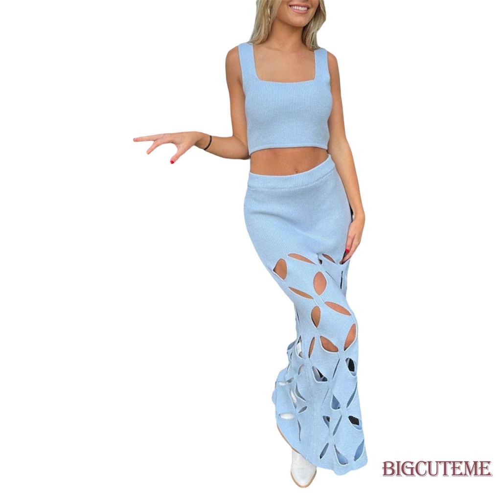 Bộ Áo Tank Top 2 Dây + Chân Váy Dệt Kim Lưng Cao Co Giãn Thời Trang Mùa Hè Cho Nữ