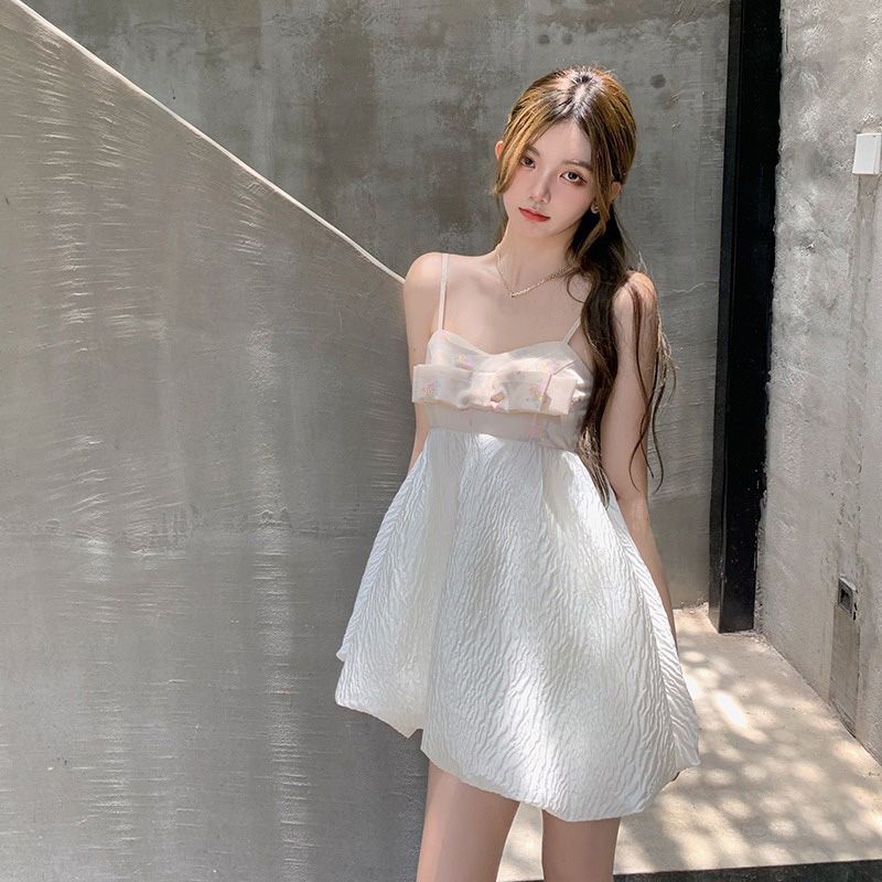 Đầm Ngắn Hai Dây Ôm Eo Đính Nơ Thời Trang Mùa Hè Cho Nữ