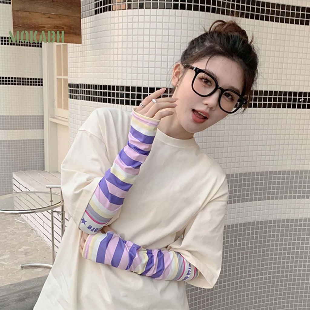 1 Cặp Găng Tay Chống Nắng Bằng Lụa Lạnh Độ Co Giãn Cao Họa Tiết Kẻ Sọc