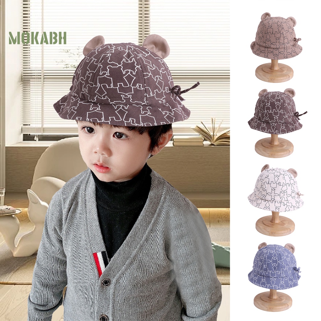 [Mok Abh] Mũ Ngư Dân Hình Tròn Mỏng Màu Tương Phản In Họa Tiết Gấu Hoạt Hình Có Thể Điều Chỉnh Bảo Vệ Tai Cho Trẻ Em