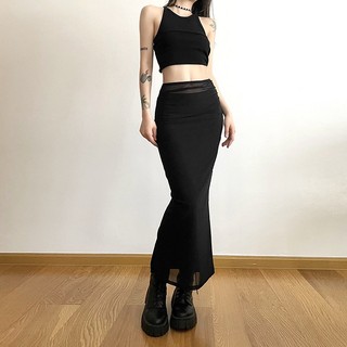 Klalien Chân Váy Maxi Dài Lưng Cao Màu Đen Trơn Phối Lưới Thời Trang Mùa Hè Đơn Giản