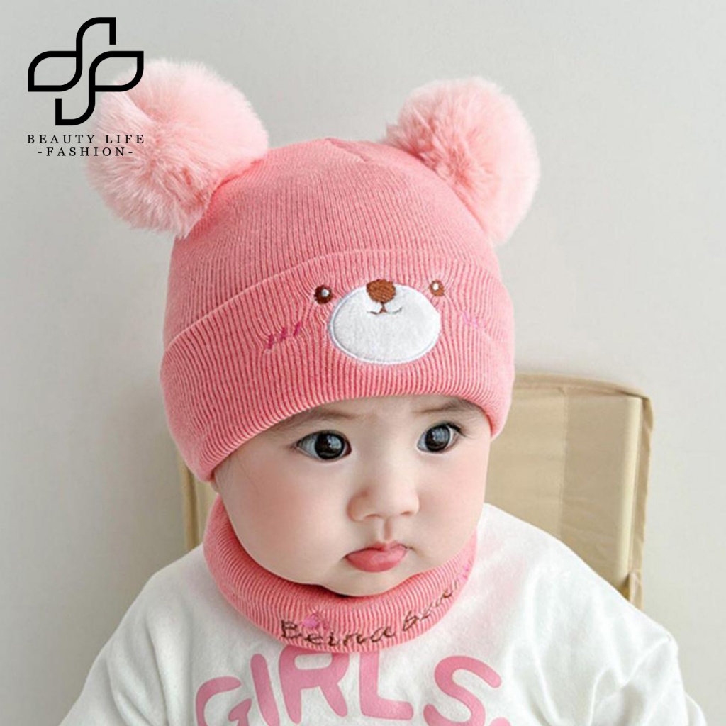 1 Bộ Mũ Beanie Và Khăn Choàng Cổ Dệt Kim Thêu Hình Gấu Bông Giữ Ấm Siêu Mềm Co Giãn Handmade Dành Cho Bé Trai Và Bé Gái