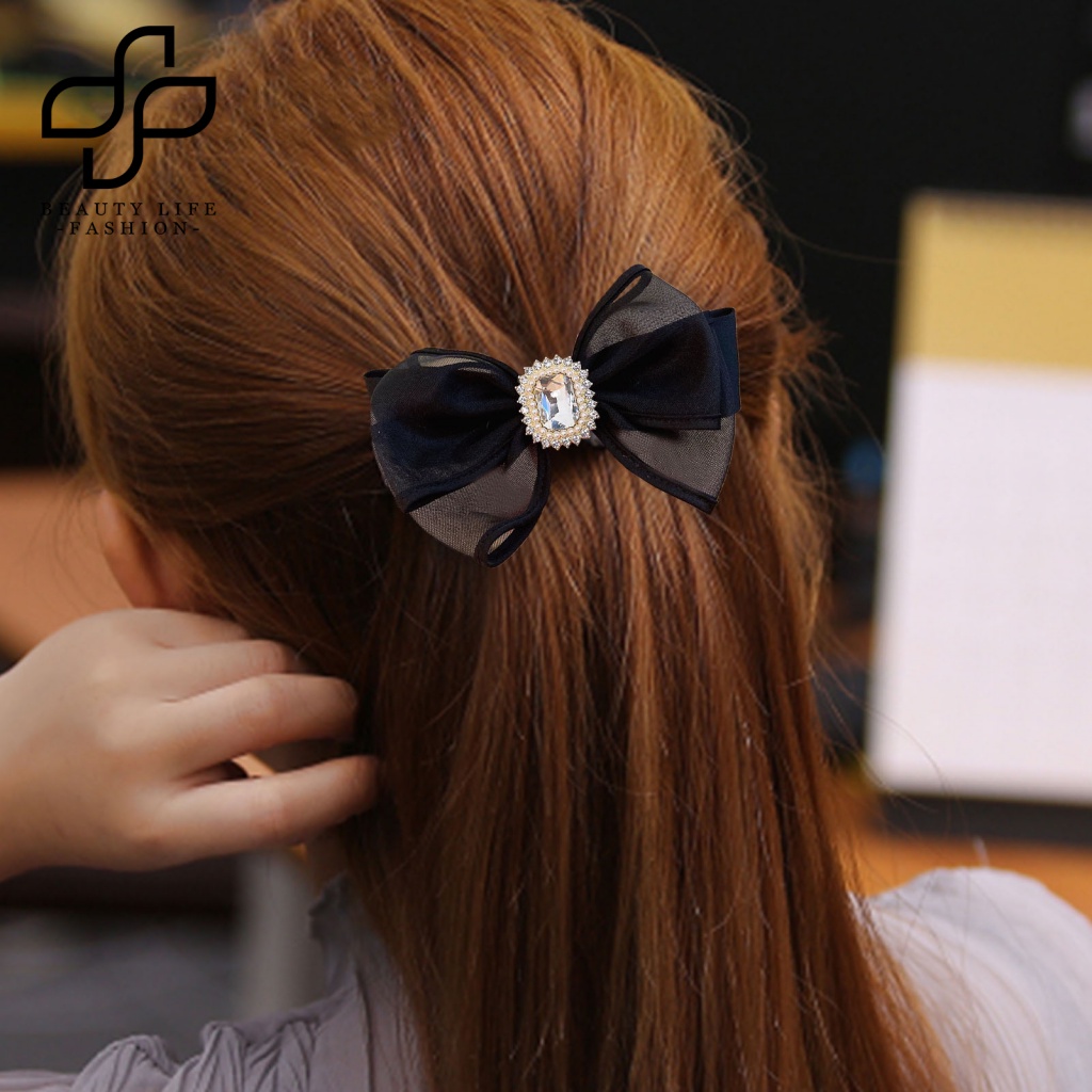 Kẹp Tóc Trang Trí Hình Nơ Bằng Lưới Có Đính Đá Kiểu Hàn Quốc
