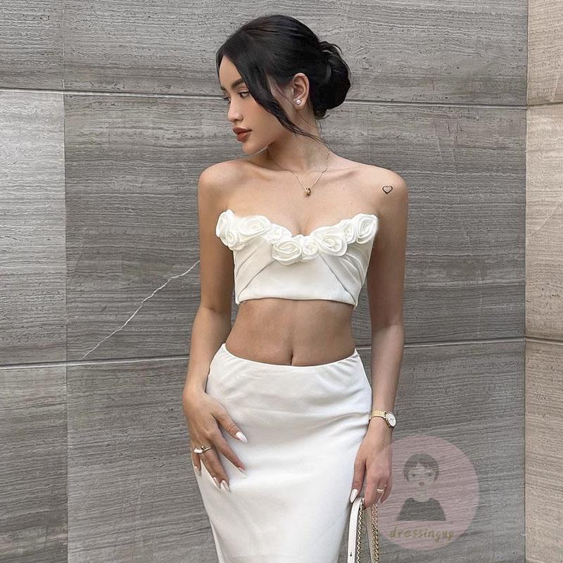 Áo Croptop Hai Dây Màu Sắc Trơn In Họa Tiết Hoa Hồng 3D Thời Trang Mùa Hè Cho Nữ