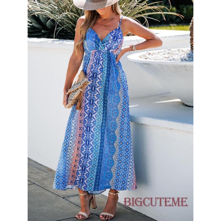 Đầm Dài Không Tay Cổ Chữ V In Họa Tiết Thời Trang Mùa Hè Cho Nữ