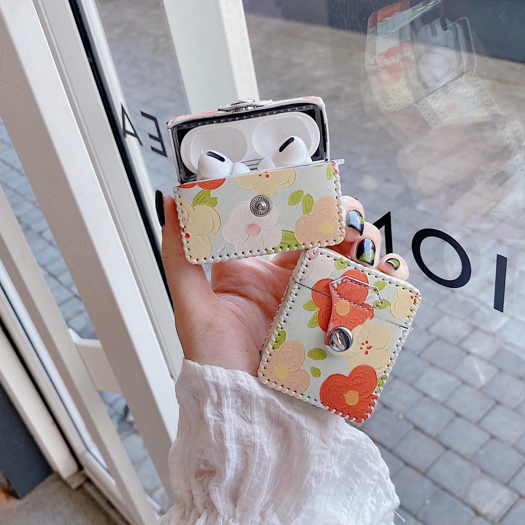 Vỏ Bảo Vệ Hộp Sạc Tai Nghe AirPods 1 2 3 pro2 2022 Bluetooth Không Dây Bằng Da PU Hình Hoa Sơn Dầu